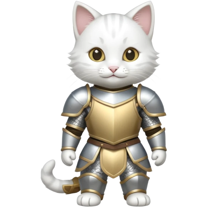baby white cat in armor, full body, smile emoji