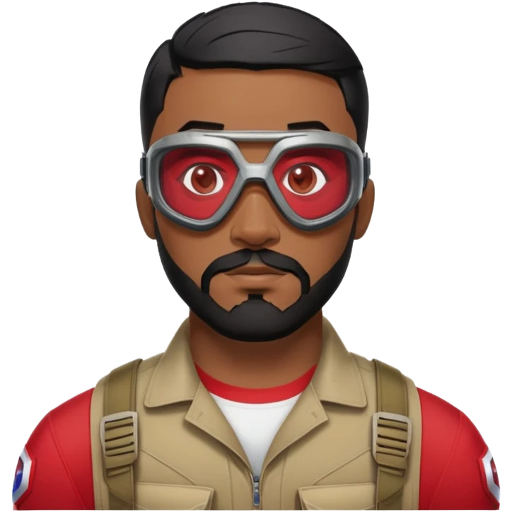 sam wilson with  short, neatly cropped black hair and a well-groomed beard that connects to his mustache,  wear sleek, red-tinted tactical goggles fit snugly from captain america: civil war emoji