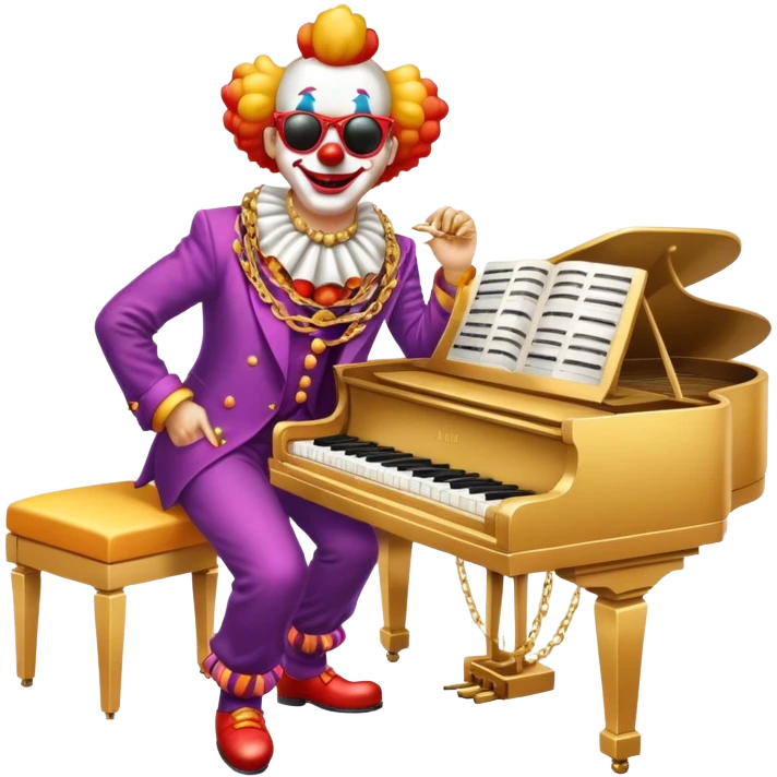 Clown with big golden chain on the neck wearing sunglasses plays piano full height emoji