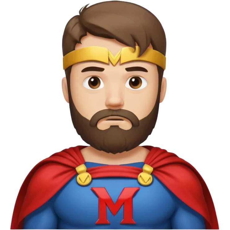 бородатый мужчина в костюме супер героя с буквой М на груди грустит emoji