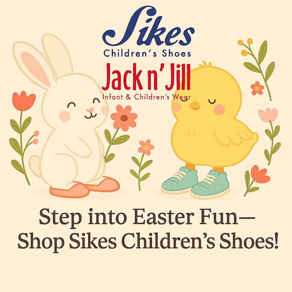 Replace the logo in the Easter-themed Instagram post with the provided logo image. Keep the pastel background, bunny and chick with shoes, floral accents, and the headline: 'Step into Easter Fun—Shop Sikes Children’s Shoes!'. Place the new logo in the same position as the previous logo. emoji