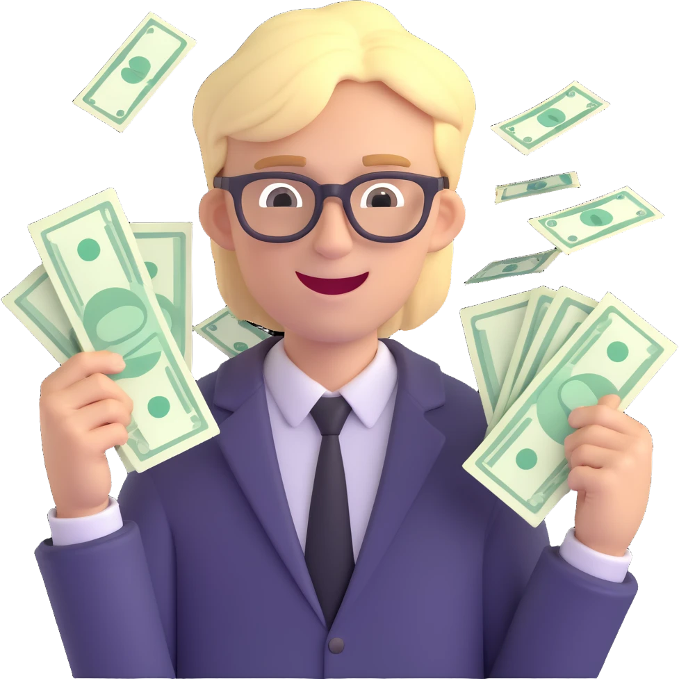 blond-haired guy with black glasses, surrounded by dollar bills, excited emoji