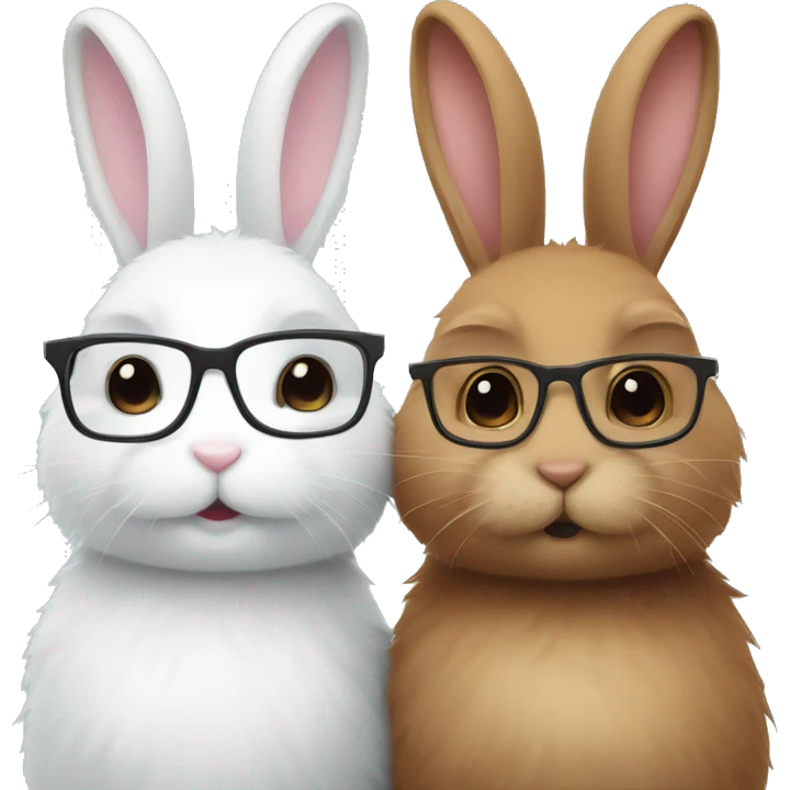 two bunnies. one white fluffy bunny with glasses cuddling brown fluffy bunny WITHOUT glasses emoji