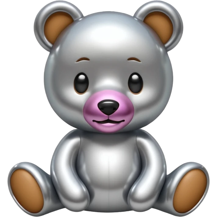 A cute teddy bear emoji made of liquid silver chrome, smooth rounded body, glossy metallic surface, soft reflections, friendly proportions, iOS emoji style, centered, clean white background emoji