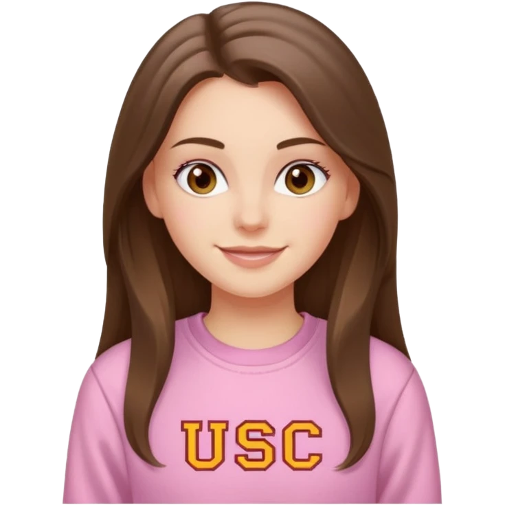 happy white long brunette hair girl with hazel eyes and in light pink USC sweatshirt emoji