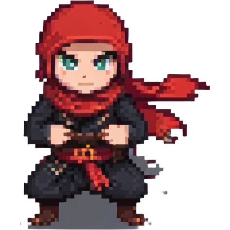 pixel art ninja, crouching, red scarf, throwing star emoji