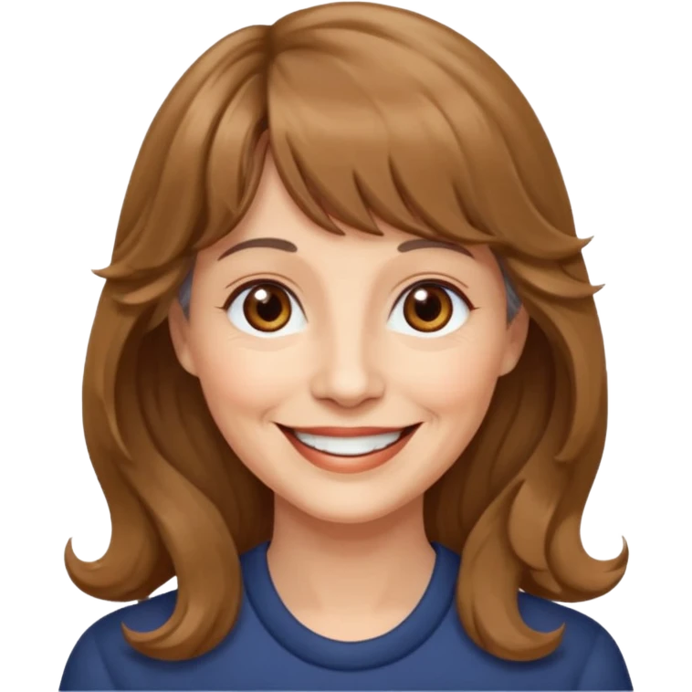 60 yr old woman, small brown eyes, long wavy light brown hair, bangs,  emoji