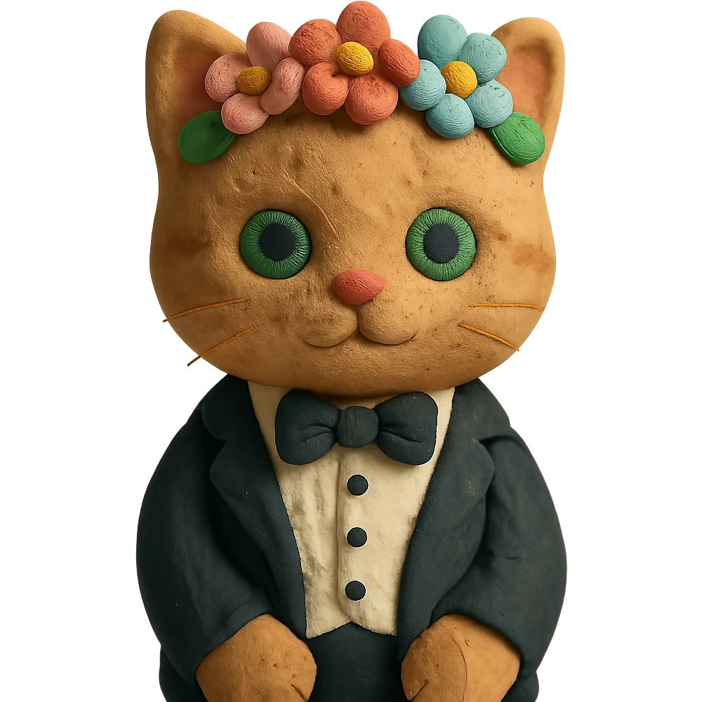 A kitten dressed in a tuxedo and wearing a flower crown emoji
