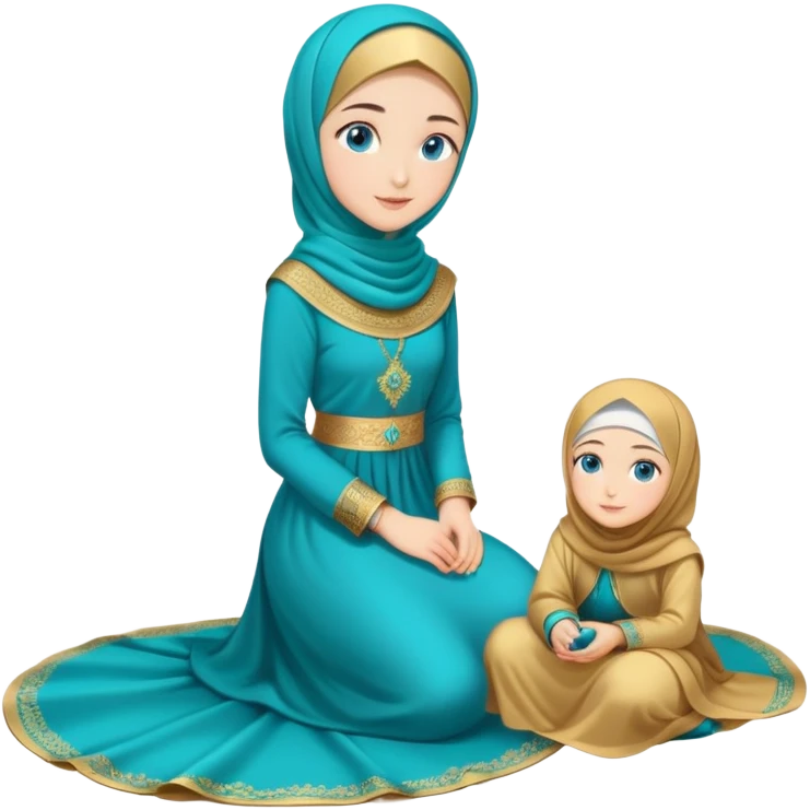 Turkish beautiful finish Konya girl blue eyes with gold hijab and islamic long tailed turquoise dress on the floor and had on her hand text Eid Mubarak  emoji