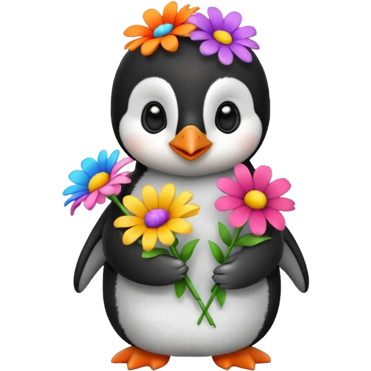 Cute baby penguin holding flower bouquet emoji