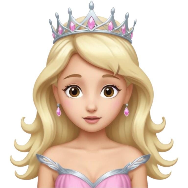 фея похожая на ариану гранде с блондинистыми волосами и серебряной диадемой, розовым платьем emoji