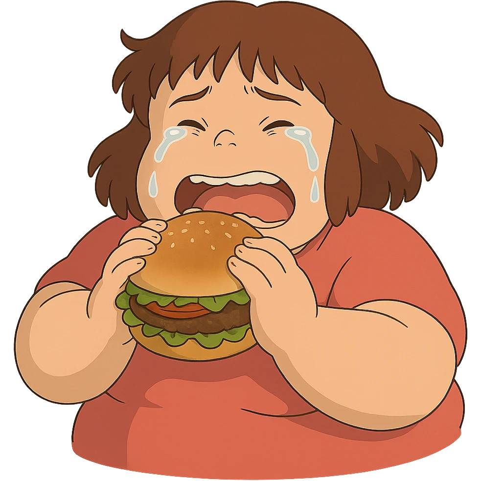 ghibli style fat girl crying and eating a burger emoji