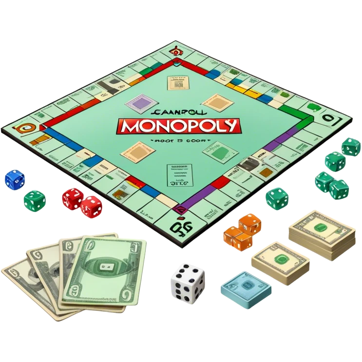 A photorealistic icon featuring a Monopoly board with property spaces, colorful game tokens, dice, and stacks of money. The design includes detailed textures of the board, cards, and tokens, capturing the essence of the Monopoly game. Transparent background, symbolizing Monopoly and board games. emoji
