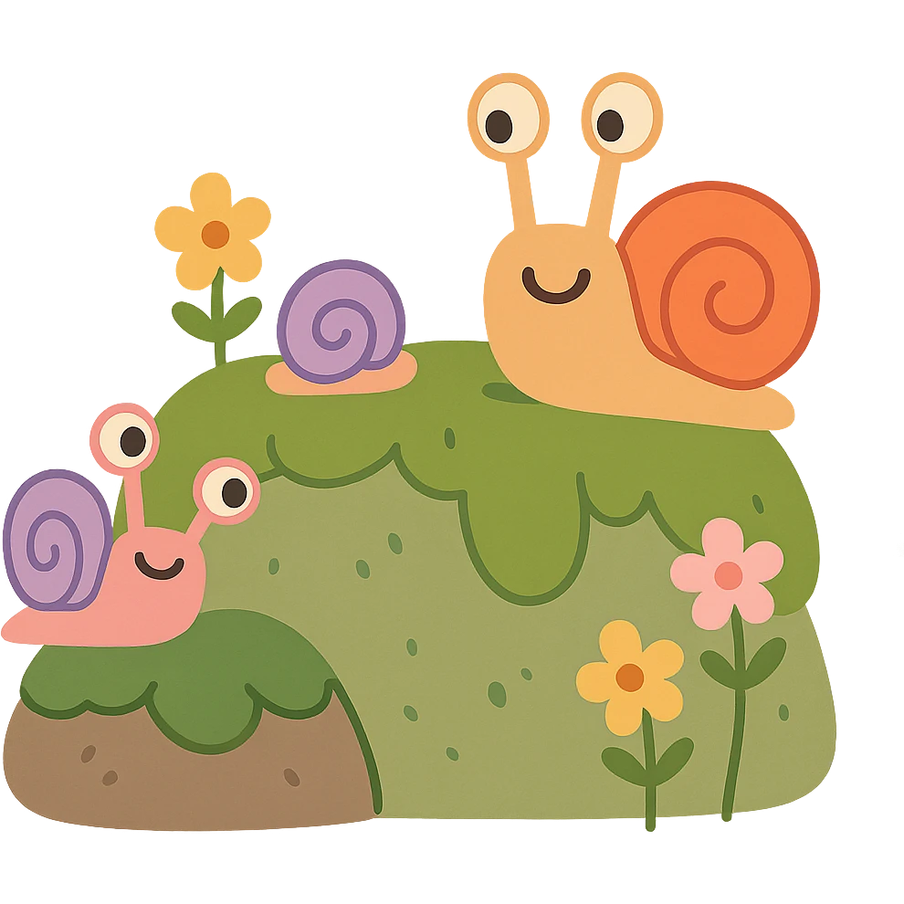 mossy rock with snails and small flowers in earthy pastel colors, pastel toon style emoji