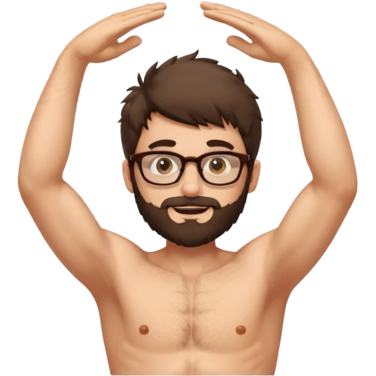 iOS emoji-style cartoon, light stubble, glasses, wide eyes, neutral skin tone, shirtless , very hairy chest , one arm up very hairy armpit. Lots of body hair  emoji