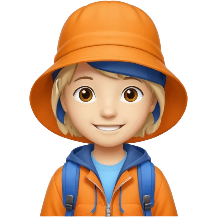 A little student with beige bucket hat, orange jacket, blue backpack emoji
