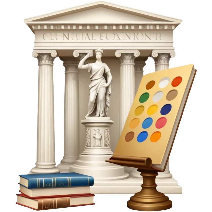 An icon featuring a paint palette, a sculpture, and a book, symbolizing the study of culture and art. The design includes a classical column and a canvas, representing art history and cultural exploration. Transparent background highlights the connection between creativity and history. emoji