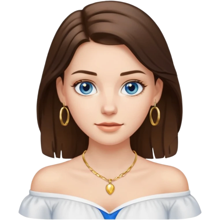A pretty white girl with brunette hair blue eyes  thin gold hoop earrings and a matching gold necklace in a white shirt that cuts off the shoulders emoji