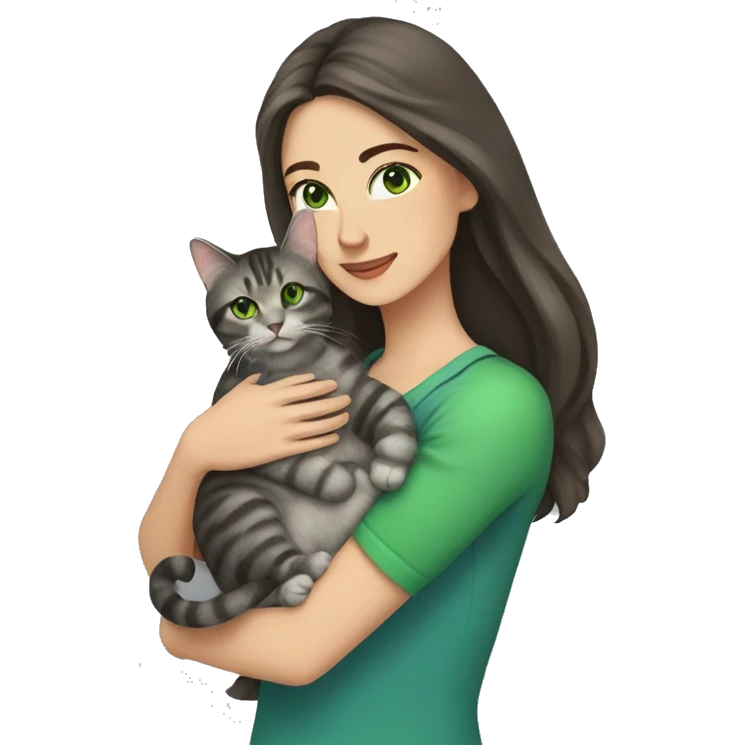 A woman with long dark brown hair and green eyes holds a gray tabby cat with green eyes in her arms emoji
