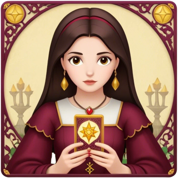 A brunette girl with a square hairstyle reading the Burgundy tarot emoji