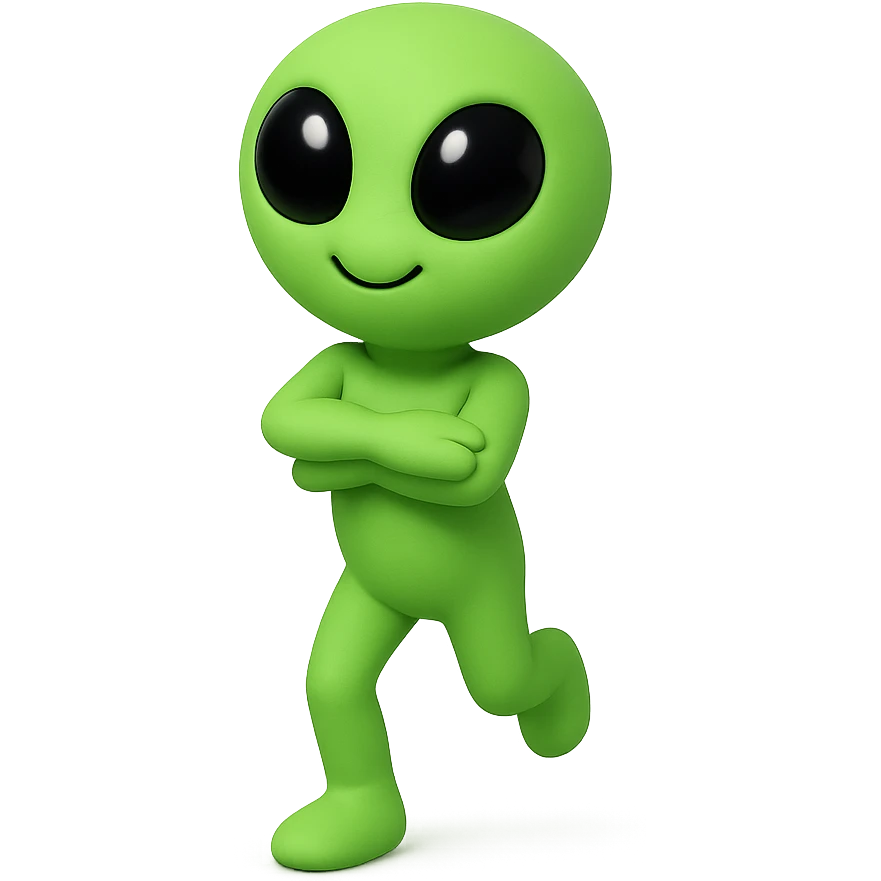 An alien dancing in neon green, almost identical to the reference image, with arms crossed and a slightly changed pose for animation frame 7. PNG with transparent background. emoji