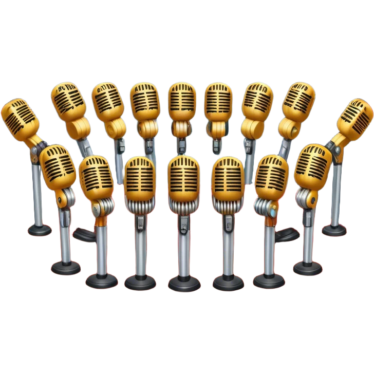 Create a vibrant and dynamic emoji that represents choral vocal performance. The design should feature 10 vintage stage microphones arranged in a semi-circle on a concert stage, symbolizing a vocal group or choir. Add musical notes flowing around the microphones to represent harmony and unity in the performance. Include concert lighting and a celebratory atmosphere to convey the excitement of live music. Use bright, bold colors like red, gold, and silver to emphasize the energy and glamour of the stage. The background should be transparent. emoji
