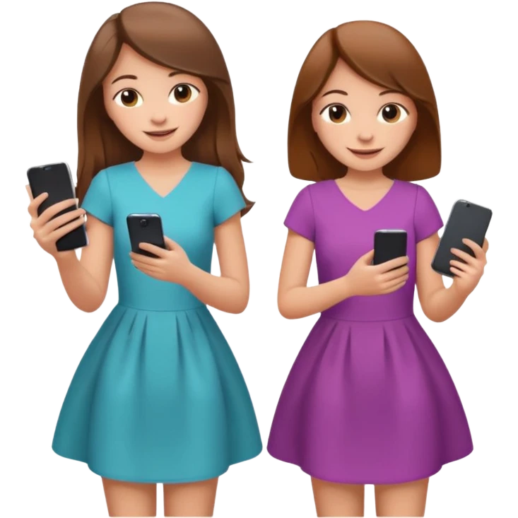 two brown haired girls, looking professional maybe leaned on each others back and looking forward and using phones, with longer hair and with some cute clothes without ties maybe dresses, one girl can hold lap top another one can hold the phone emoji