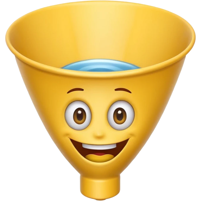 Crazy laughing emoji with an upside-down kitchen funnel on its head (not a hat), wide smile, big eyes, cartoon emoji style, bright colors. emoji