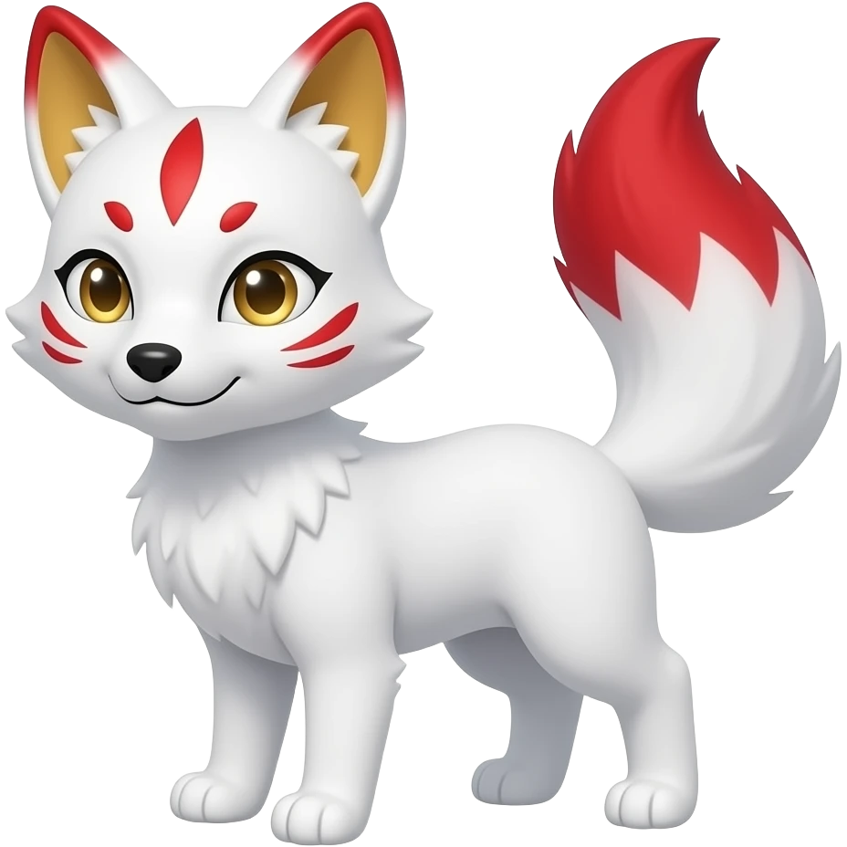 A white one-tailed Kitsune (Fox Form,) with red accents on his face, (two on each cheek and a single one on his forehead,) red on the inside of his ears, gold accents on the insides of his ears, and pale golden eyes. Pure white paws, and a red tail tip. emoji