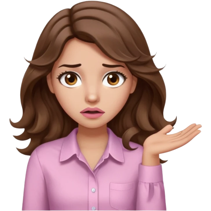 girl with wavy long brown hair, brown eyes, light to medium complexion, long lashes, light pink lipstick, wearing light pink shirt, shrugging, confused emoji