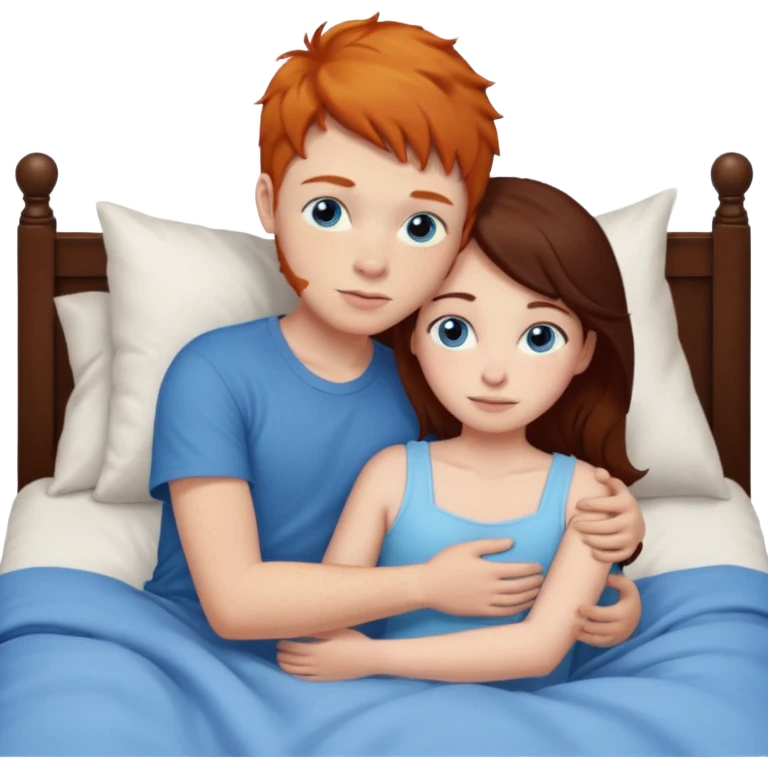 Ginger boy hugging girl with very dark brown hair. Both have blue eyes. They are in bed.  emoji