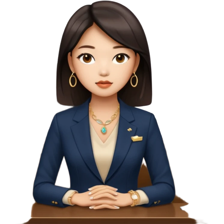 Jennie Kim, medium shot, in a chic office outfit with subtle jewelry emoji