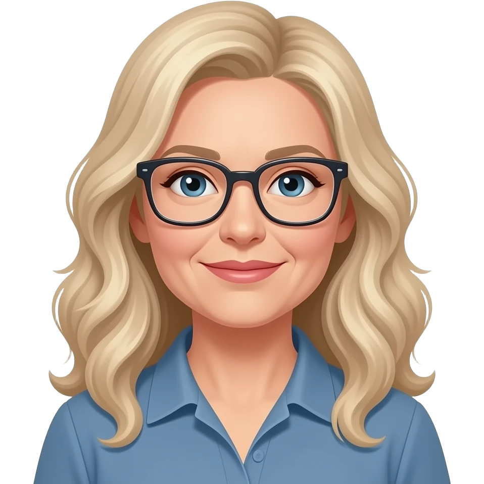 early forties woman with long cool toned blonde loosely  curled hair, rectangular glasses emoji
