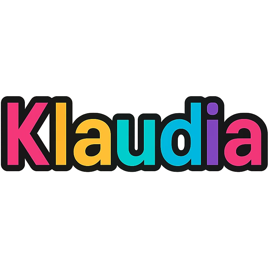 Klaudia name with colorful, varied gradient, modern font, dark outline, transparent background, in the style of sample images emoji