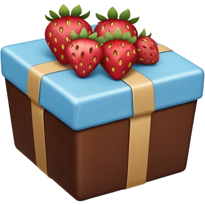 a pale blue parcel with strawberries in chocolate on top, emoji style emoji