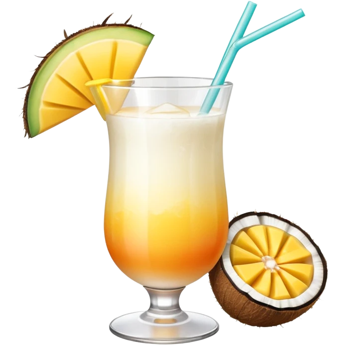A beautiful cocktail with a creamy white to orange gradient, containing coconut juice and mango, reminiscent of summer. Above, there are tropical flowers, lemon slices, and a straws. emoji