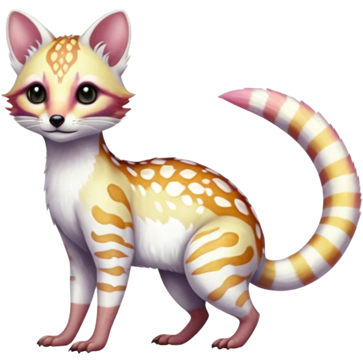 Iridescent white albino colorful fruity blingy crystalline Genet-Numbat-Ocelot-Lykoi-Tanuki-Cheetah-Ocicat-hybrid-fusion, full body emoji