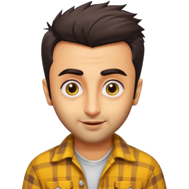 generate a pretty bratz emoji 
Make her look like Ranbir kapoor wearing a yellow flannel shirt, smirkinh

She should look exactly  like ranbir kapoor!  emoji