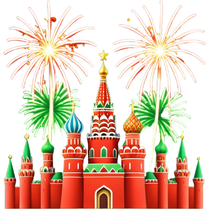 Apple style 3D emoji of New Year fireworks over Moscow. Vibrant multi-colored sparkling bursts (red, gold, green) in the sky. Below, a simplified glossy 3D silhouette of the Kremlin towers with glowing red stars. 
 emoji