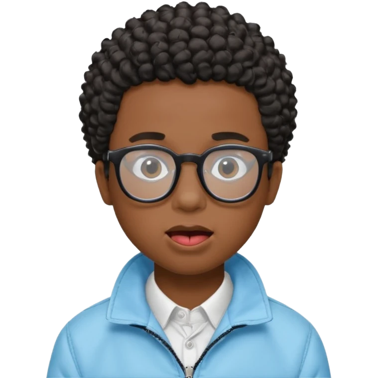 A dark-skinned boy with short curly hair, wearing square black-framed glasses, is sticking out his tongue and is wearing a light blue jacket. The figure is seen from the shoulders up. emoji