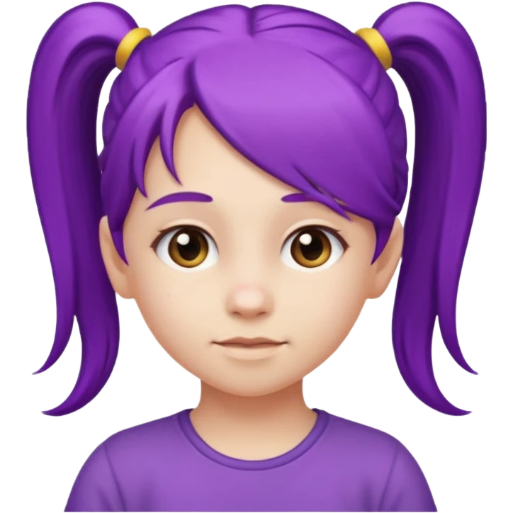 5-year-old girl with long purple hair, one long ponytail starting from the forehead and going backward to the back, emoji style emoji
