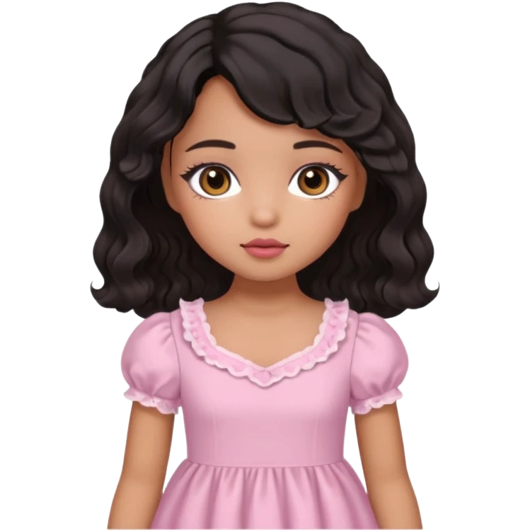 Tan skin girl, brown Asian eyes, black soft wevy hair, doll  beabadoobe makeup, baby pink Victoria dress  emoji