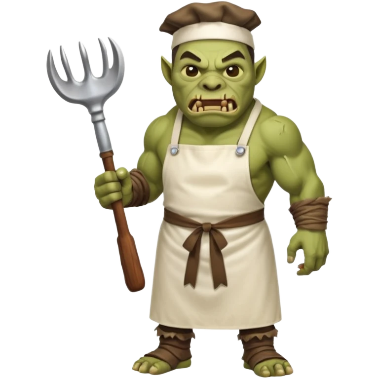orc make Apron with "Kiss the Cook" (scratched out, replaced with "Fear the Cook"), giant rib bone as a weapon. emoji