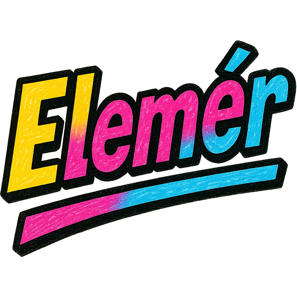 Elemér name in modern colorful gradient font with dark outline, dynamic slanted or partial underline, transparent background, in the style of reference patterns emoji