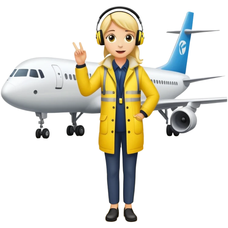 ramp agent at airport wearing bright yellow coat and headphones, directing aircraft emoji