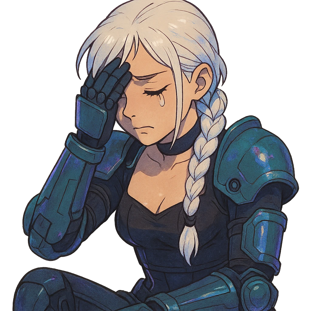  she is wearing armor, maximum power , facepalm smh, eyes closed and tearing up, a closeup portrait of young woman with gold yellow eyes, white hair, long braid, black off-shoulder top d-cup, punk gothic style, futuristic cyberwave cyberpunk, sitting position emoji