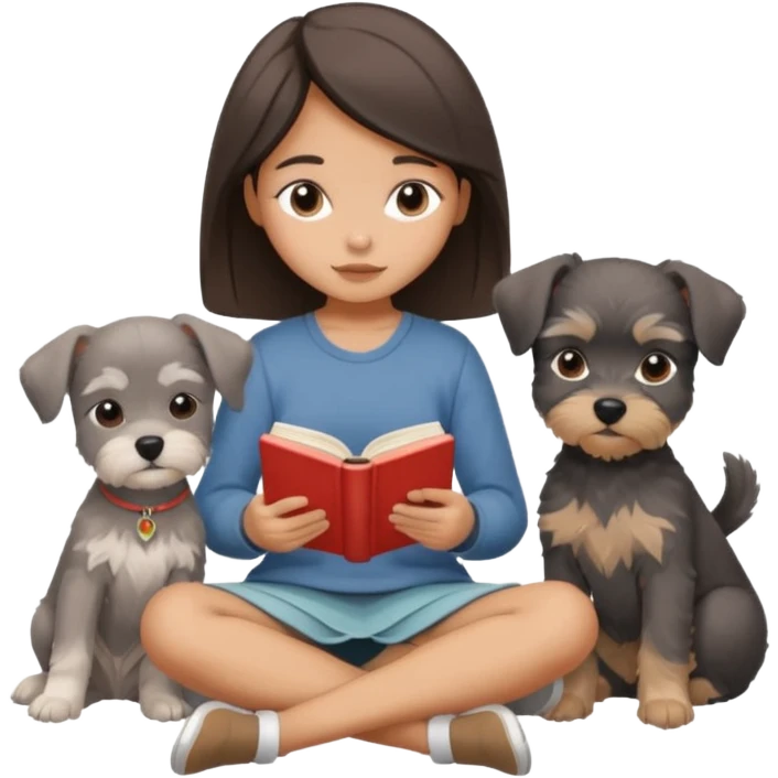 a girl sitting cross-legged reading a book, with a Schnauzer puppy curled up next to her, cozy and relaxing, iPhone icon style, minimalistic, soft color palette emoji