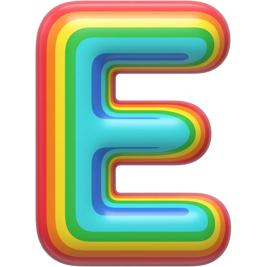 Letter "E" in bright teal 3D style typography lettering, each color of the rainbow as a border outlined around each letter, isolated, 3d rendering, no emoji icons no emoji faces and must have no human figures emoji