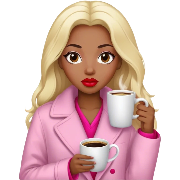 A black woman with a coat white a pijama pink, long blond Hair, coffe eyes, red lips  emoji