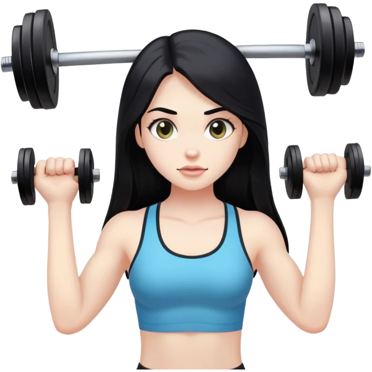 Pale girl with long black hair lifting weights emoji